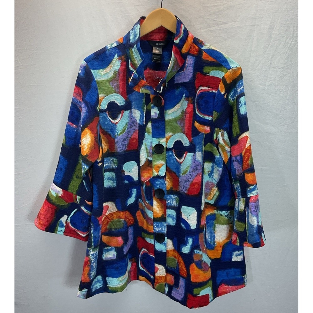 Ali Miles LG Artsy Art To Wear Colorful 3/4 Sleeve Button Down Pullover tunic